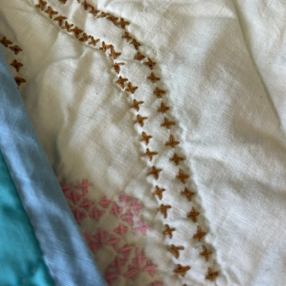 Vintage Quilt Cross Stitch Queen Double Floral Blanket Pink White 86 x 83 Read
